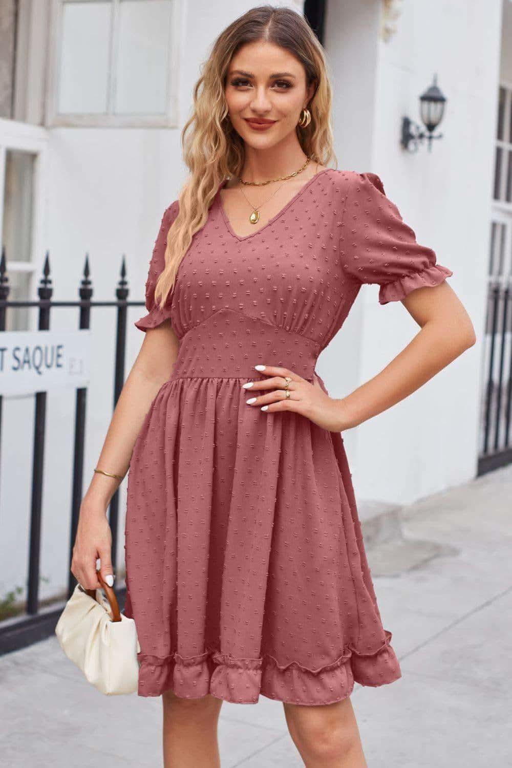 Swiss Dot Frill Trim Flounce Sleeve V-Neck Dress - SwagglyLife Home & Fashion Swiss Dot Frill Trim Flounce Sleeve V-Neck Dress - SwagglyLife Home & Fashion