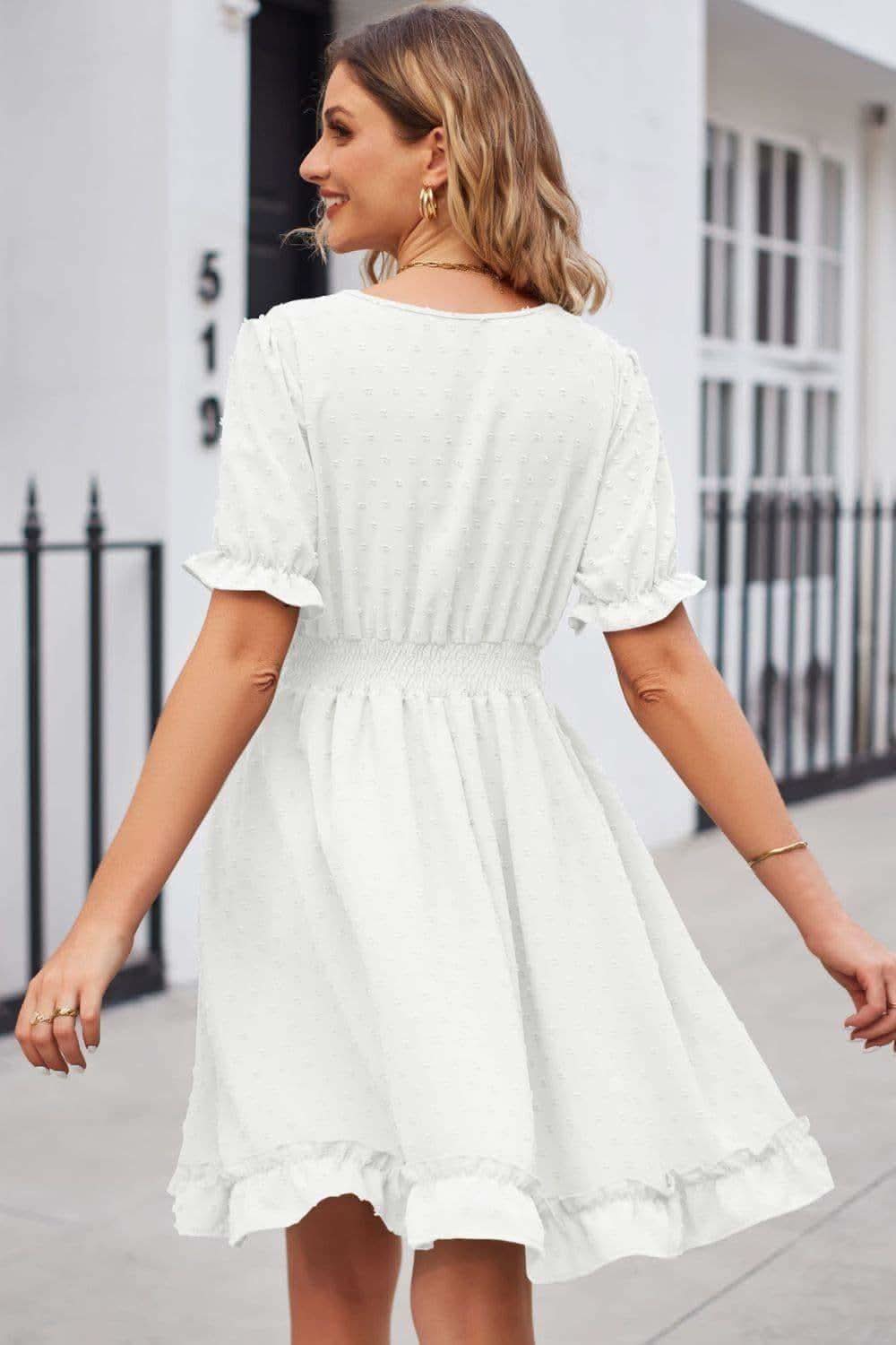 Swiss Dot Frill Trim Flounce Sleeve V-Neck Dress - SwagglyLife Home & Fashion Swiss Dot Frill Trim Flounce Sleeve V-Neck Dress - SwagglyLife Home & Fashion