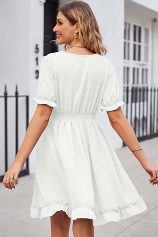 Swiss Dot Frill Trim Flounce Sleeve V-Neck Dress - SwagglyLife Home & Fashion Swiss Dot Frill Trim Flounce Sleeve V-Neck Dress - SwagglyLife Home & Fashion