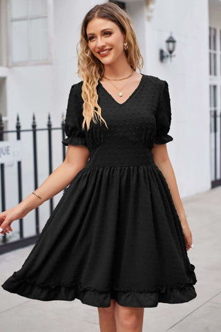 Swiss Dot Frill Trim Flounce Sleeve V-Neck Dress - SwagglyLife Home & Fashion Swiss Dot Frill Trim Flounce Sleeve V-Neck Dress - SwagglyLife Home & Fashion