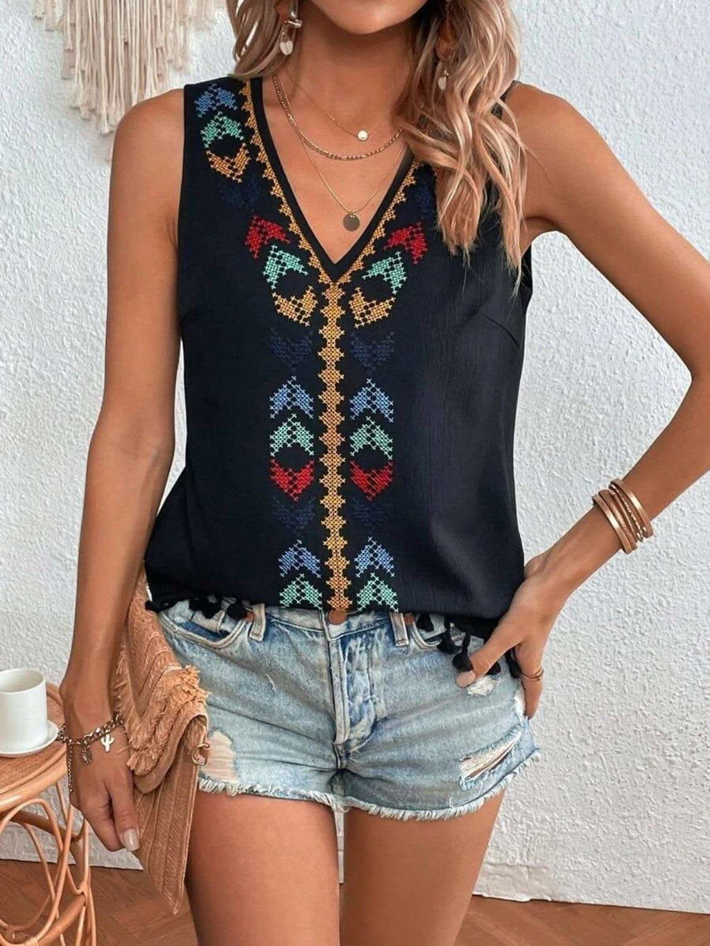 Tassel Printed V-Neck Tank - SwagglyLife Home & Fashion
