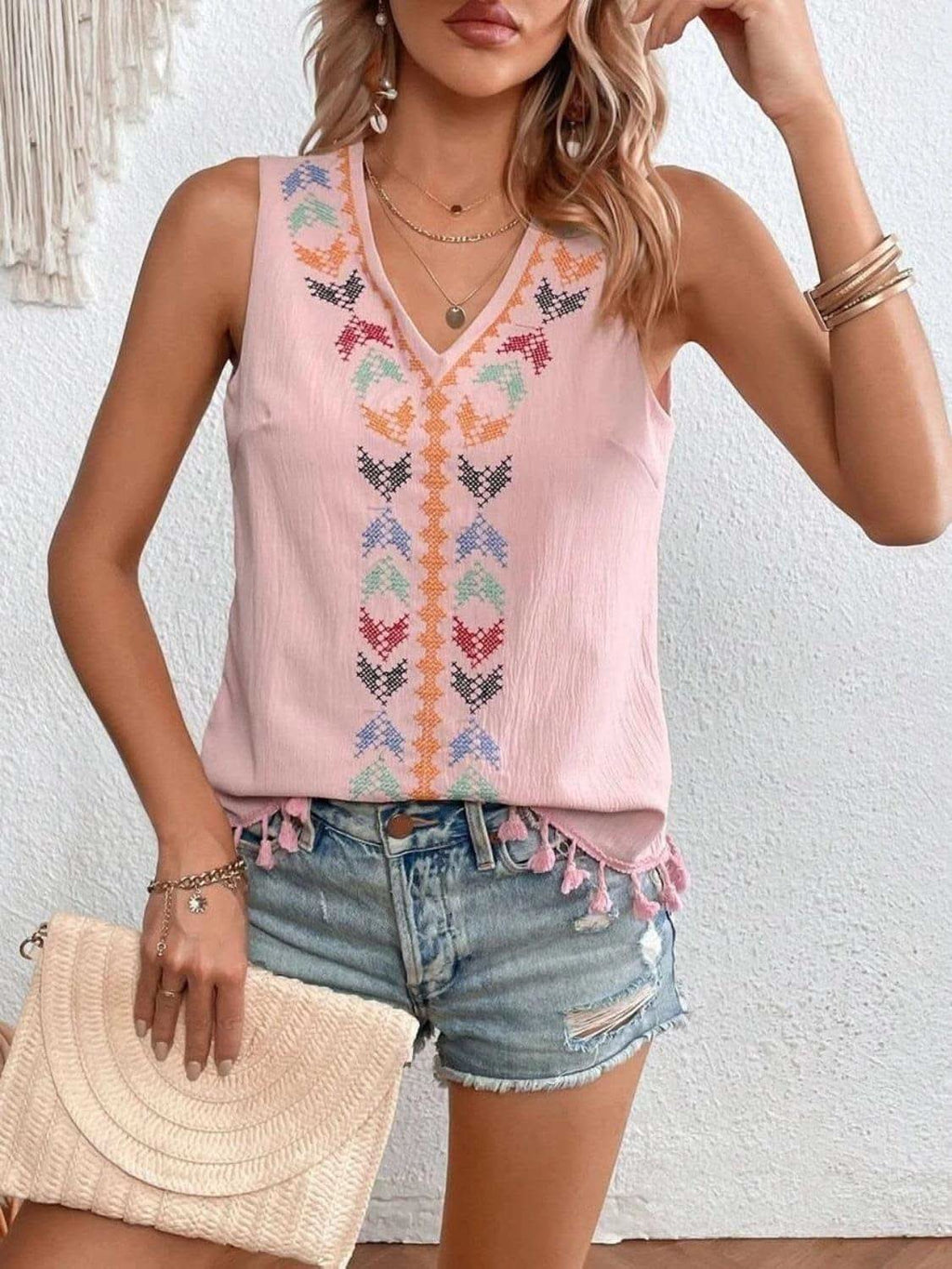 Tassel Printed V-Neck Tank - SwagglyLife Home & Fashion