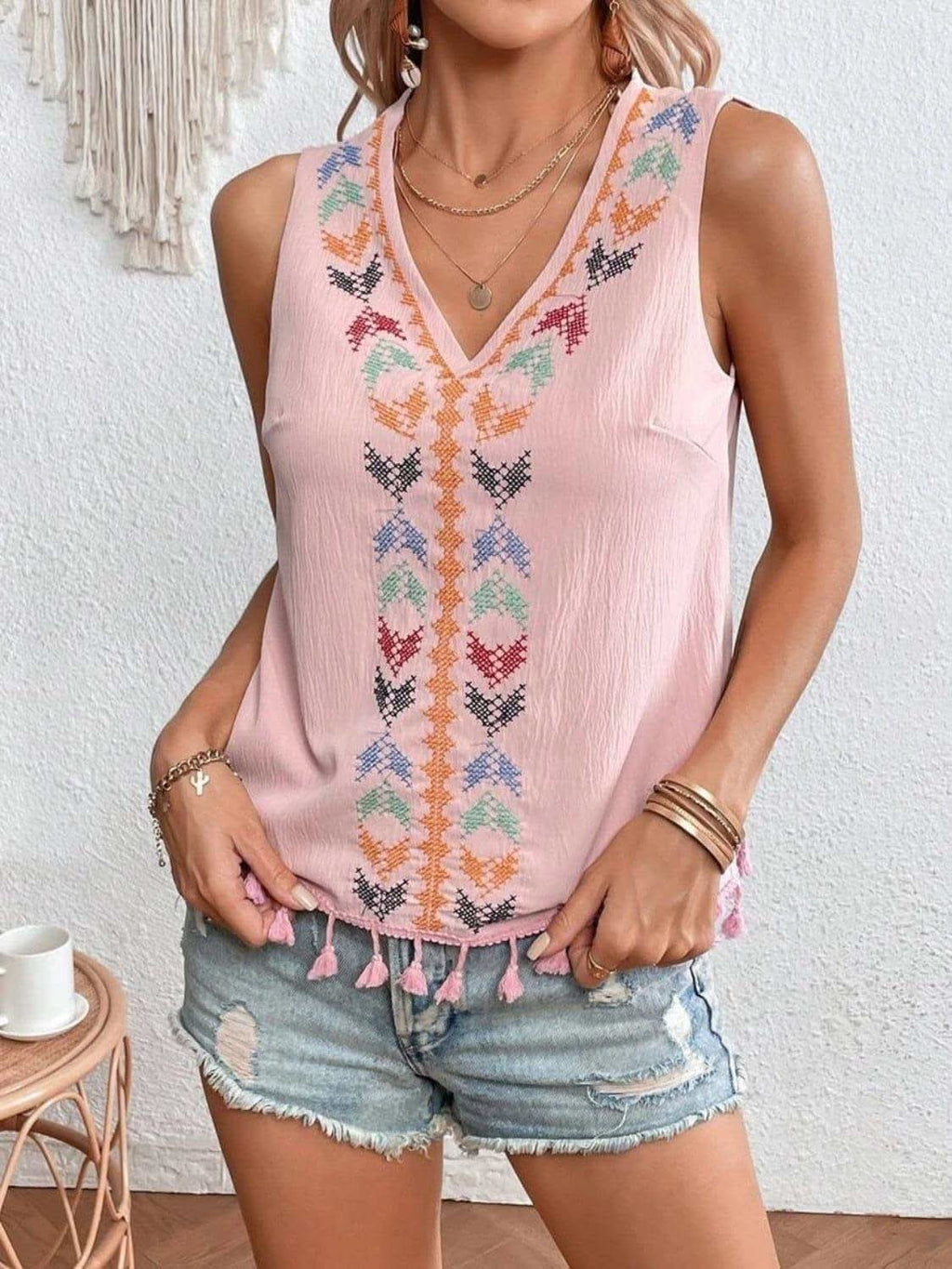 Tassel Printed V-Neck Tank - SwagglyLife Home & Fashion