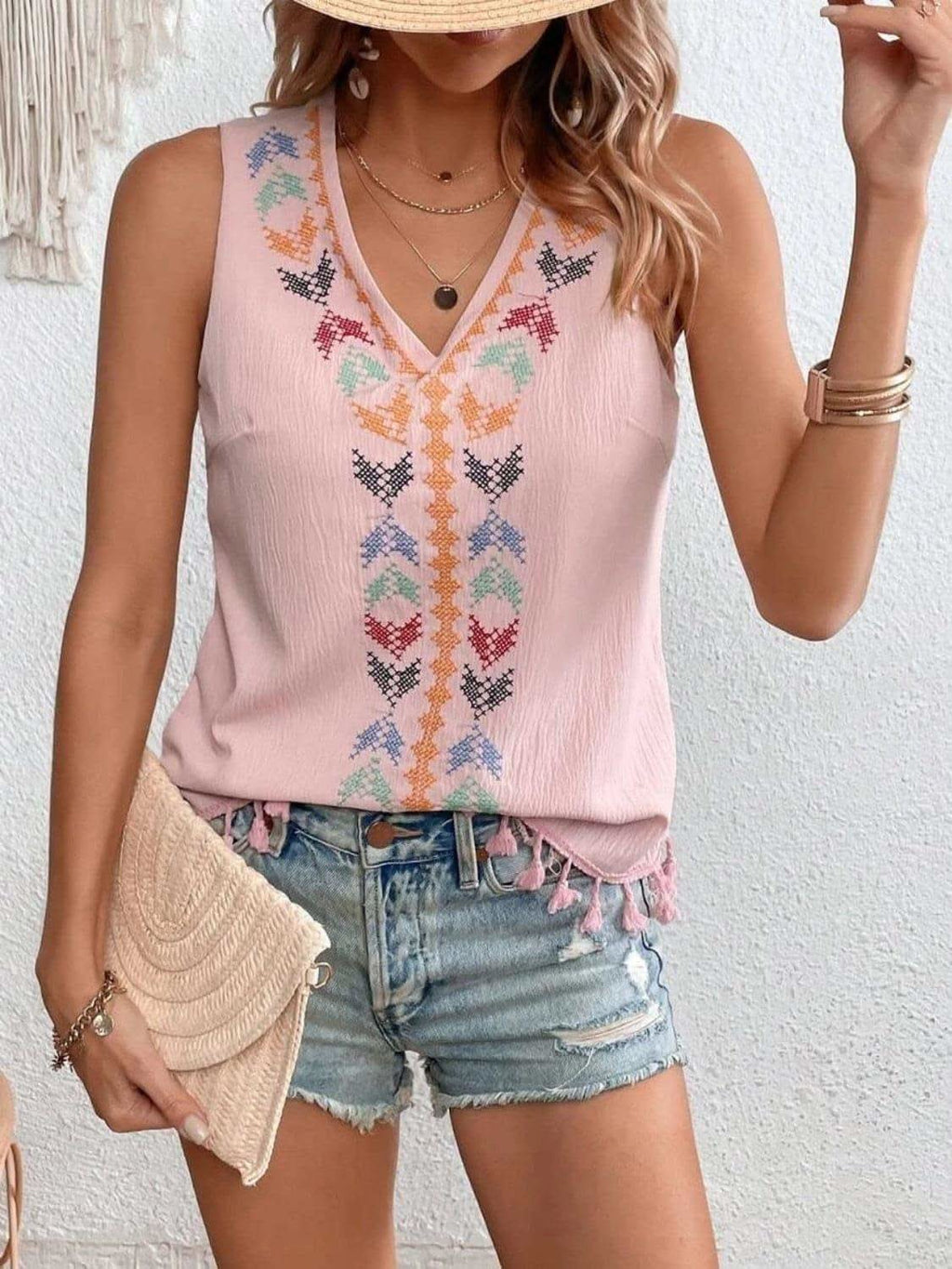 Tassel Printed V-Neck Tank - SwagglyLife Home & Fashion