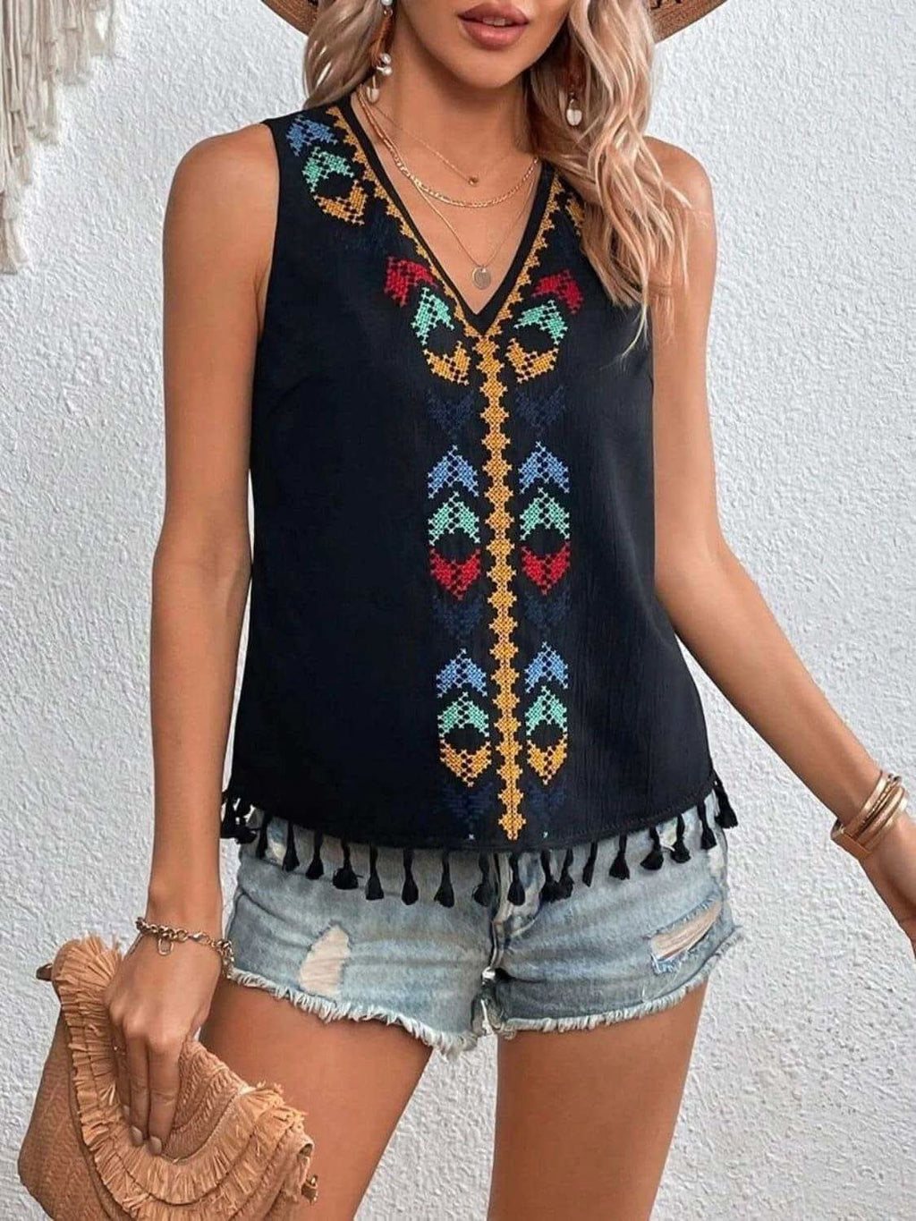 Tassel Printed V-Neck Tank - SwagglyLife Home & Fashion