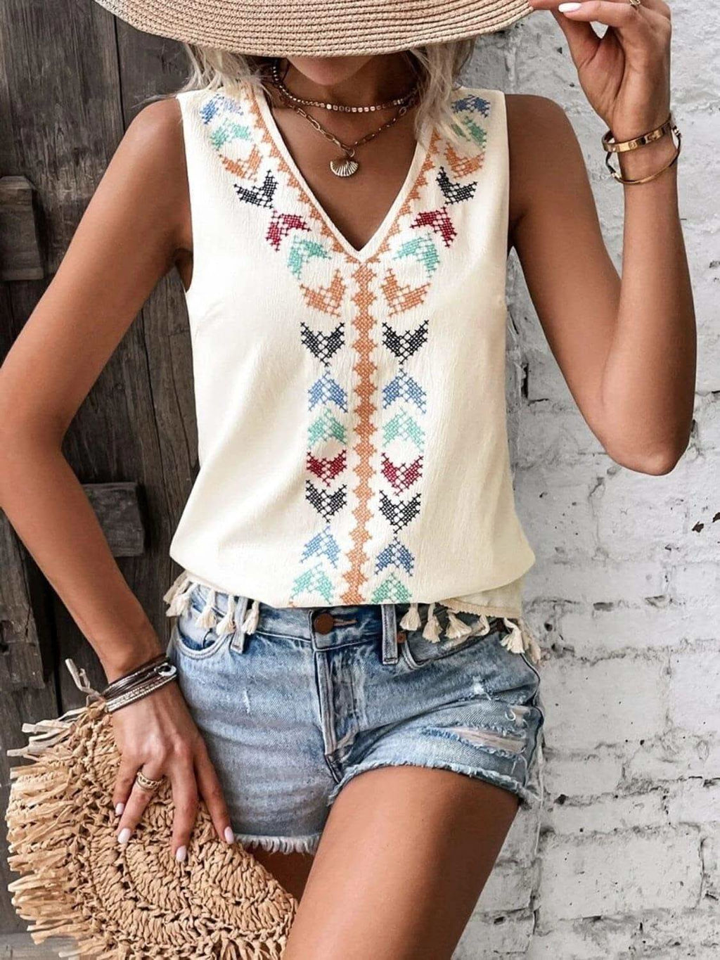 Tassel Printed V-Neck Tank - SwagglyLife Home & Fashion