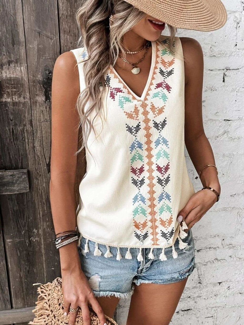 Tassel Printed V-Neck Tank - SwagglyLife Home & Fashion