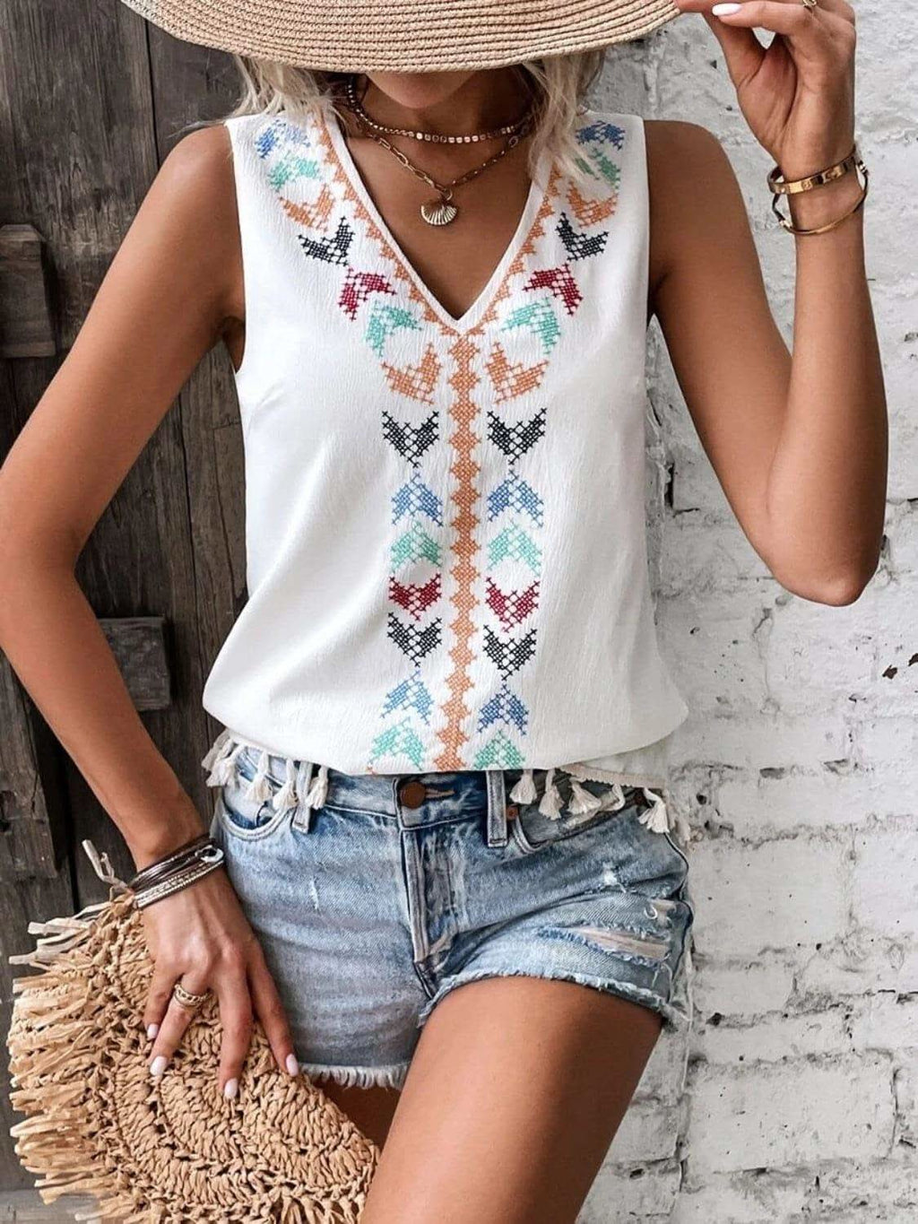 Tassel Printed V-Neck Tank - SwagglyLife Home & Fashion