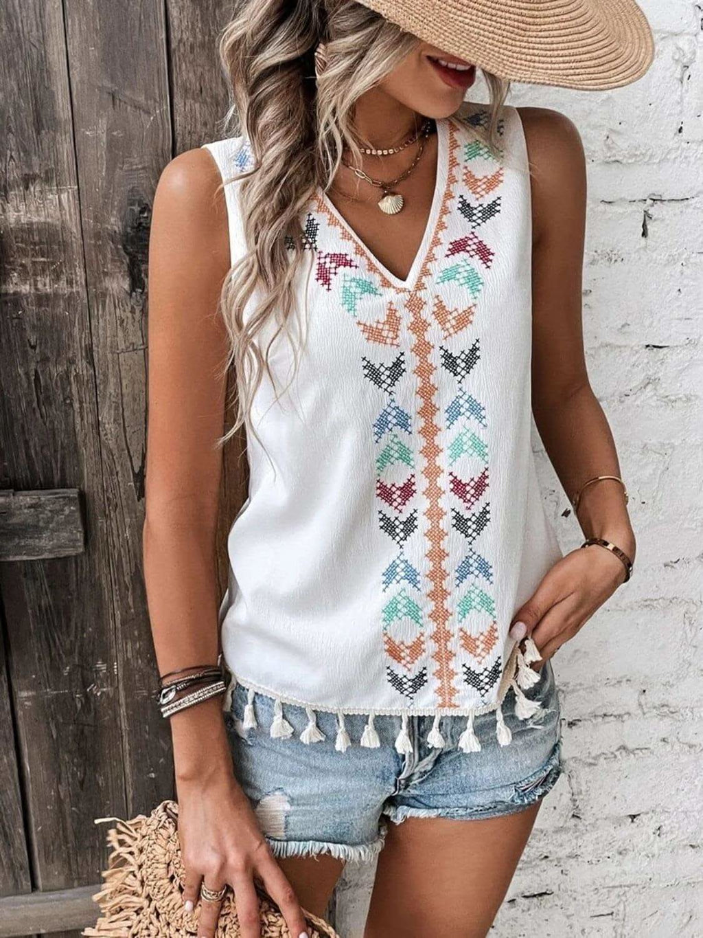 Tassel Printed V-Neck Tank - SwagglyLife Home & Fashion