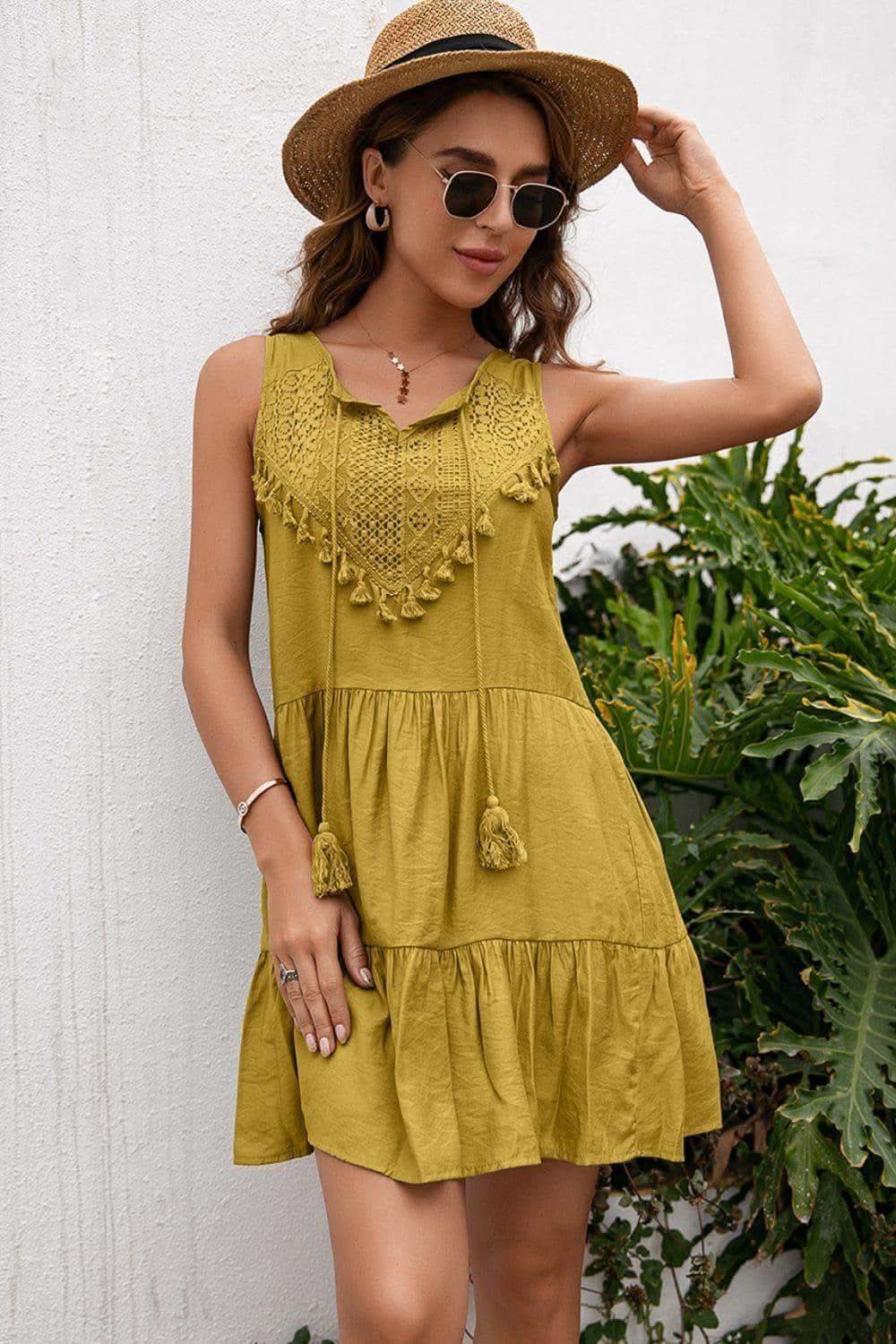 Tassel Tie Lace Trim Sleeveless Dress in Straw - Dresses photo