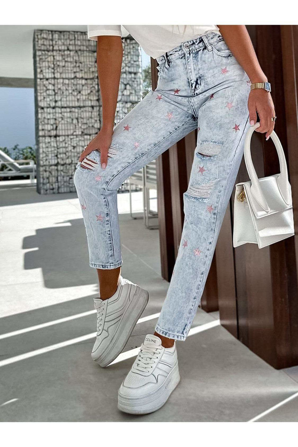 Tatiana Distressed Star Straight Jeans with Pockets - SwagglyLife Home & Fashion