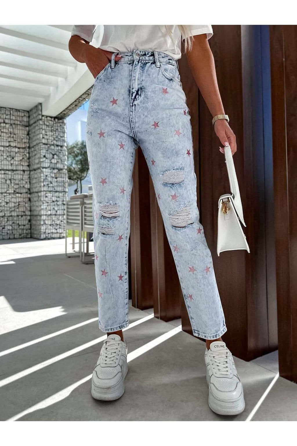 Tatiana Distressed Star Straight Jeans with Pockets - SwagglyLife Home & Fashion