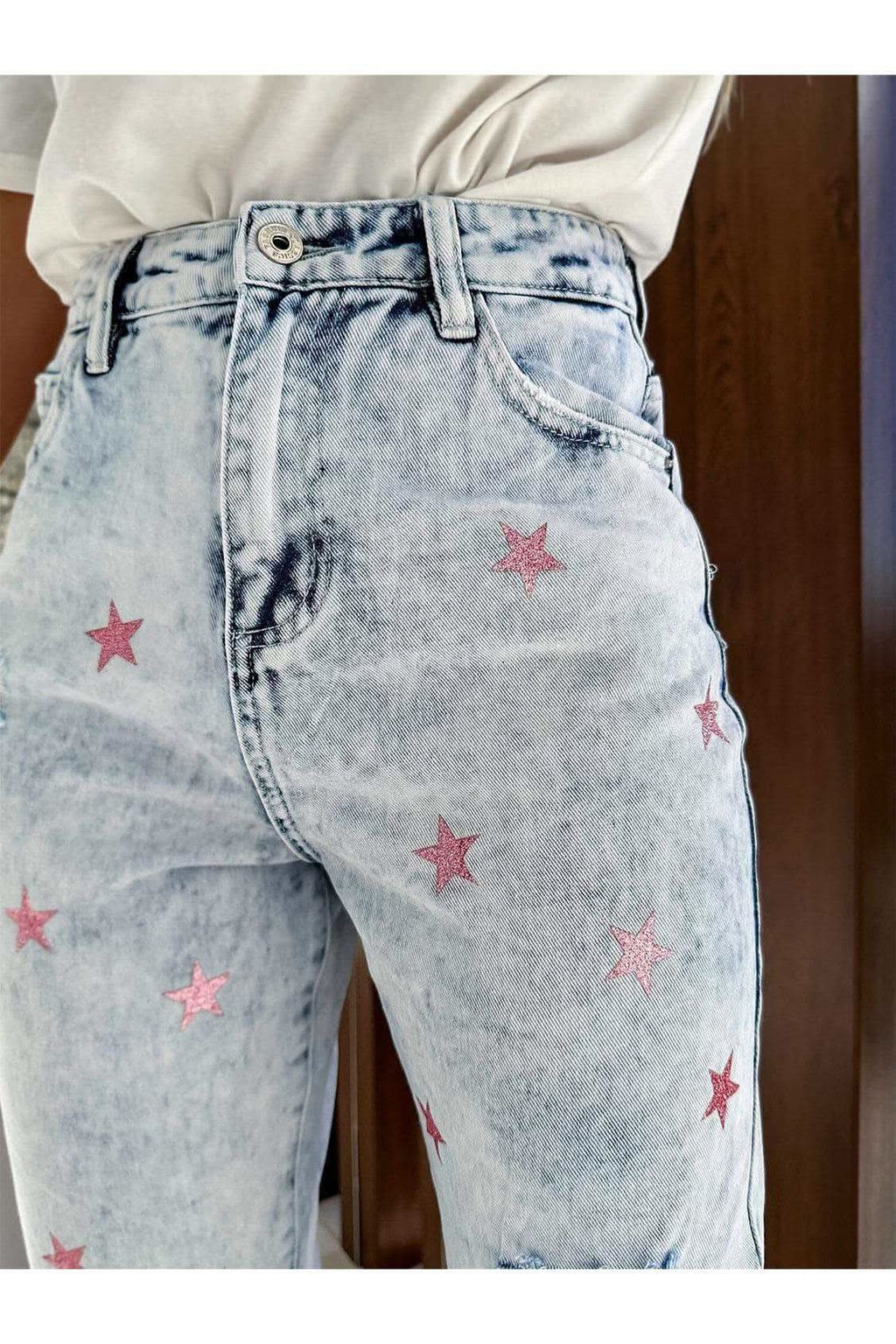 Tatiana Distressed Star Straight Jeans with Pockets - SwagglyLife Home & Fashion