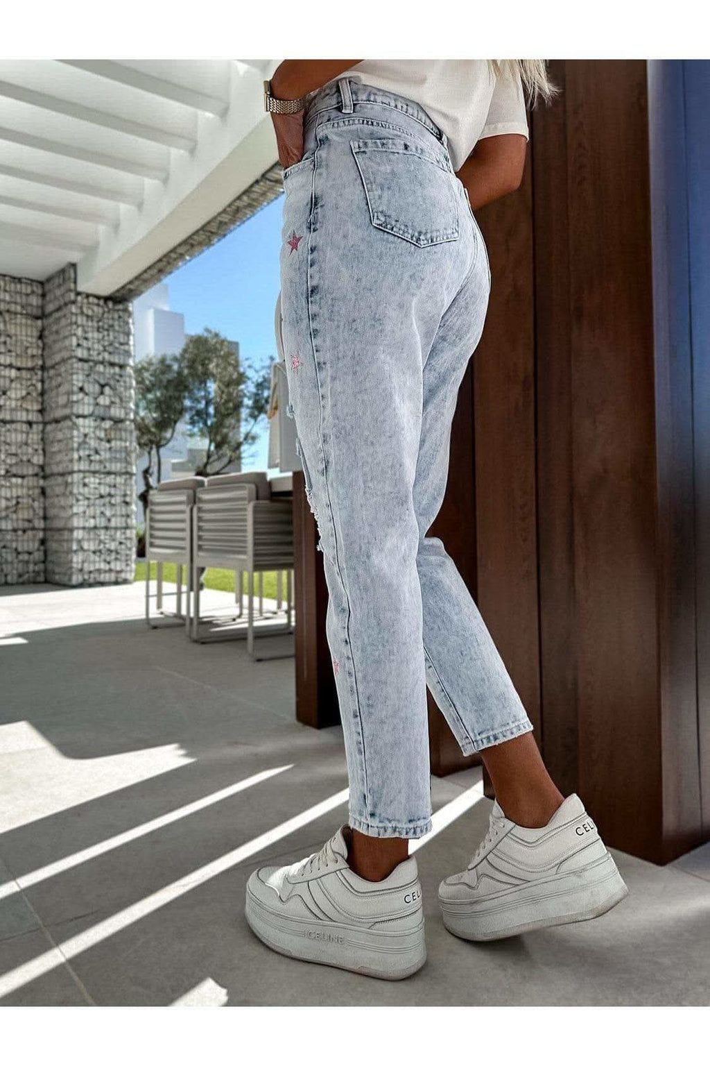 Tatiana Distressed Star Straight Jeans with Pockets - SwagglyLife Home & Fashion