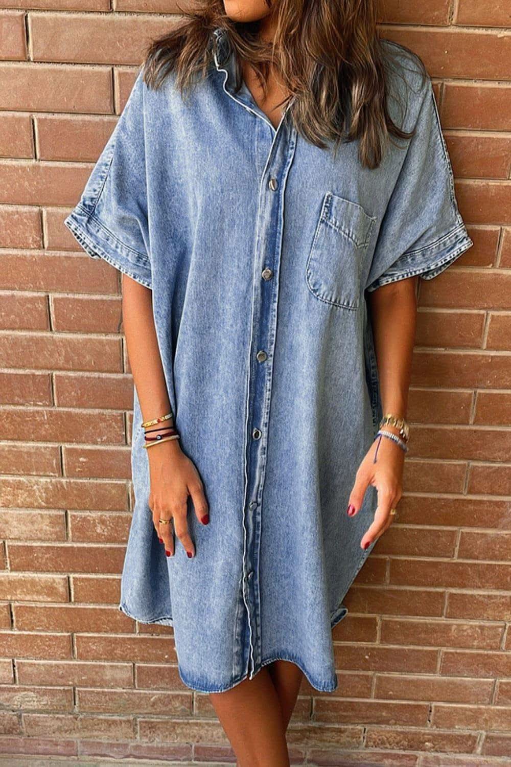 Taylor Pocketed Button Up Half Sleeve Denim Dress - SwagglyLife Home & Fashion