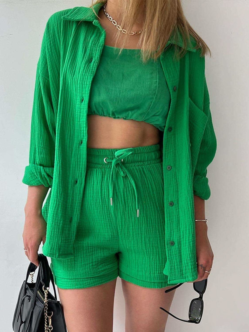 Texture Button Up Shirt and Drawstring Shorts Set in Mid Green - photo
