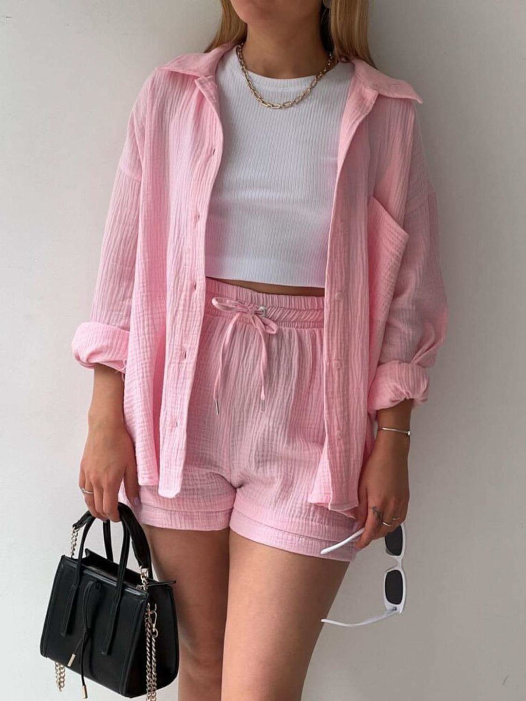 Texture Button Up Shirt and Drawstring Shorts Set in - photo