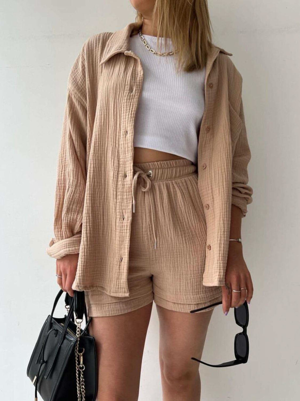 Texture Button Up Shirt and Drawstring Shorts Set in Camel - photo
