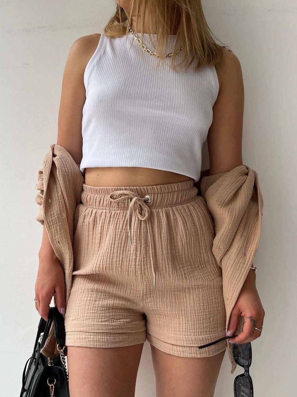 Texture Button Up Shirt and Drawstring Shorts Set in - photo