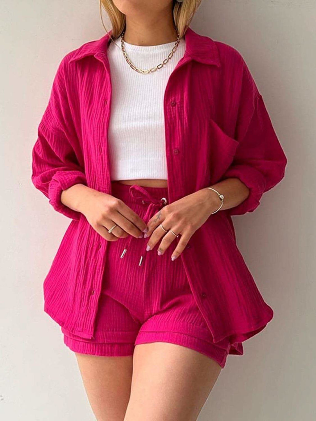 Texture Button Up Shirt and Drawstring Shorts Set in Deep Rose - photo