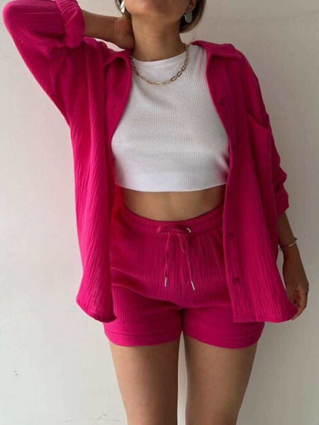Texture Button Up Shirt and Drawstring Shorts Set in - photo