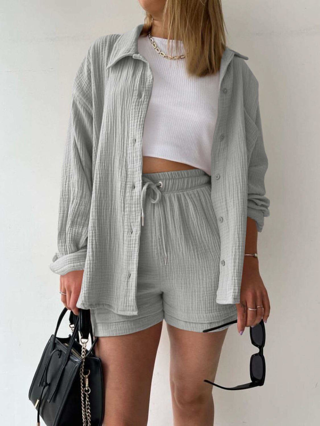 Texture Button Up Shirt and Drawstring Shorts Set in Light Gray - photo