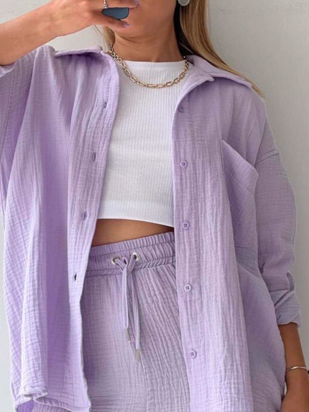 Texture Button Up Shirt and Drawstring Shorts Set in - photo