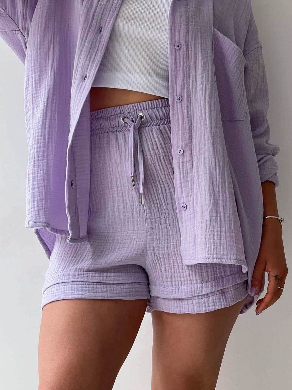 Texture Button Up Shirt and Drawstring Shorts Set in - photo