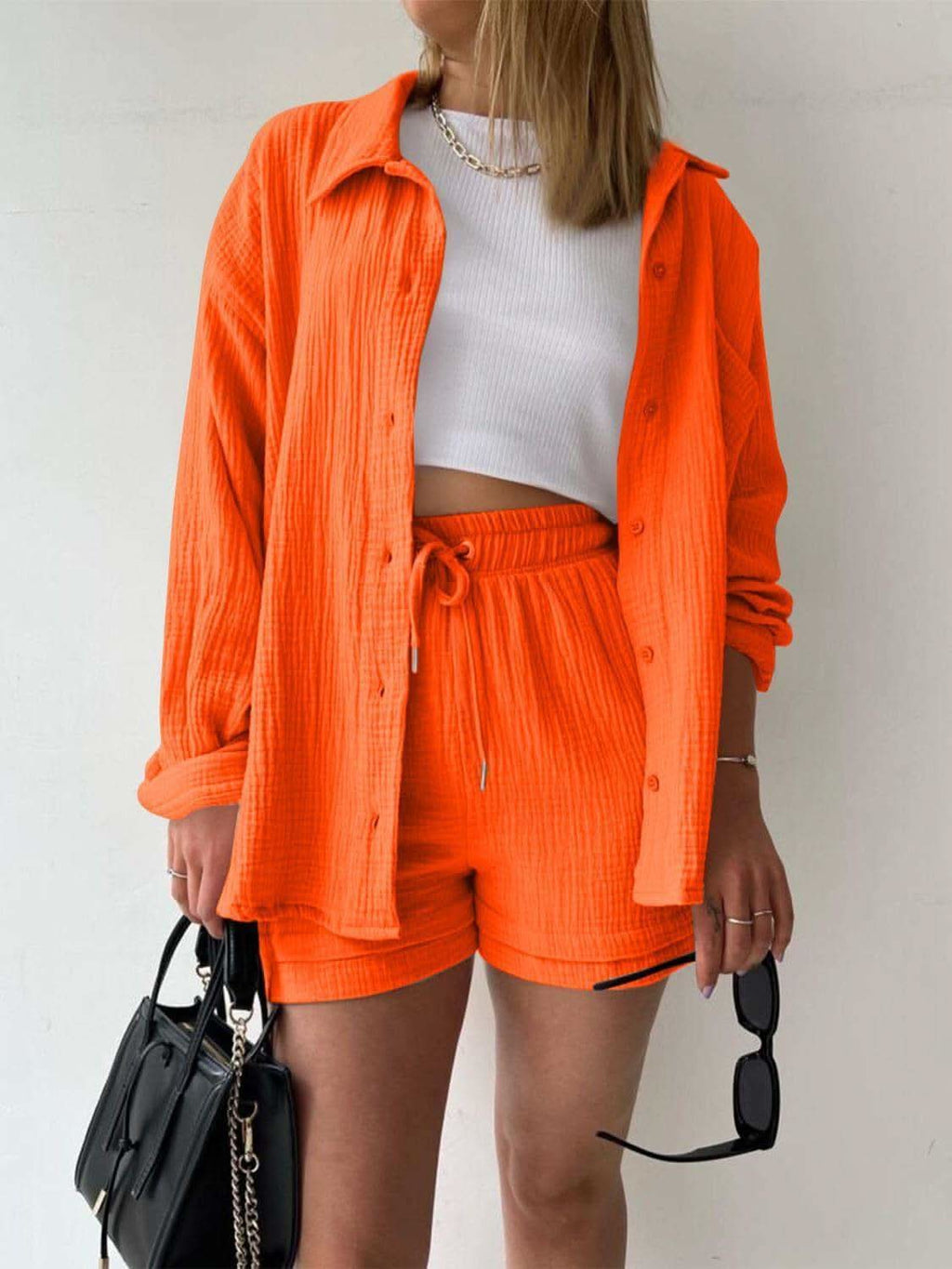 Texture Button Up Shirt and Drawstring Shorts Set in - photo