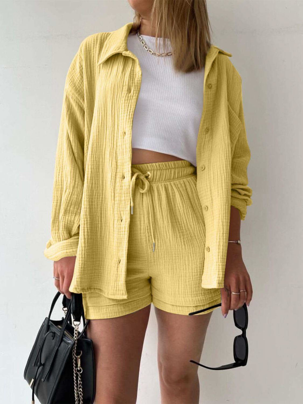 Texture Button Up Shirt and Drawstring Shorts Set in True Yellow - photo