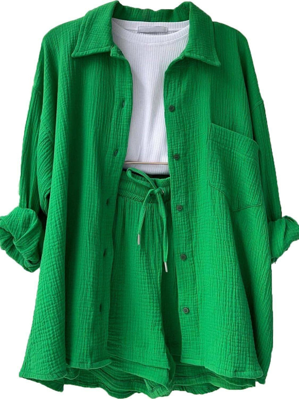 Texture Button Up Shirt and Drawstring Shorts Set in - photo