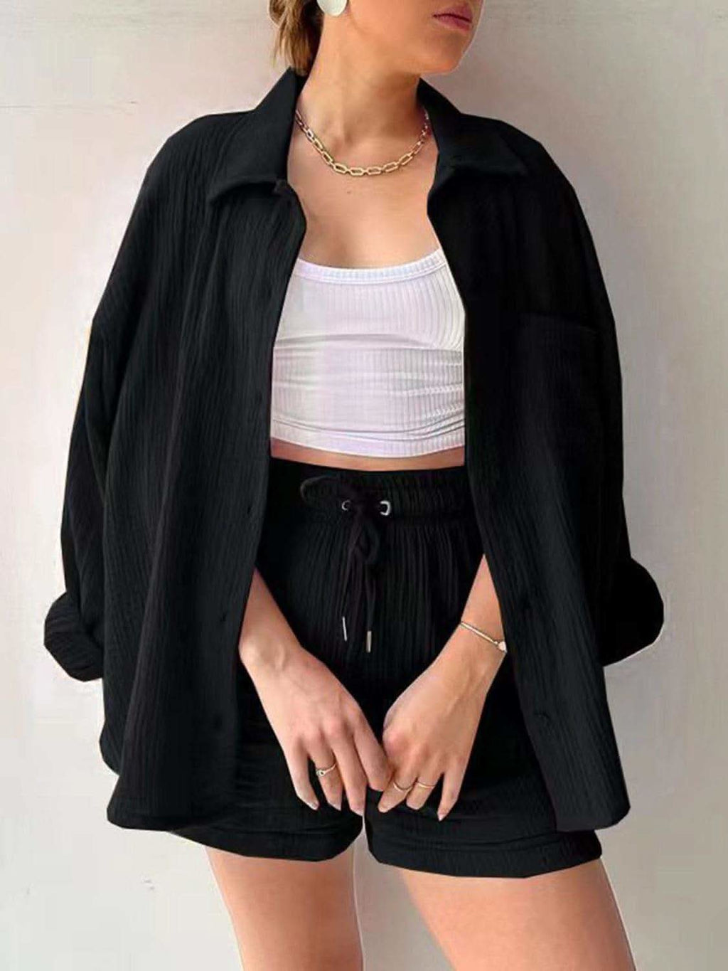 Texture Button Up Shirt and Drawstring Shorts Set in Black - photo