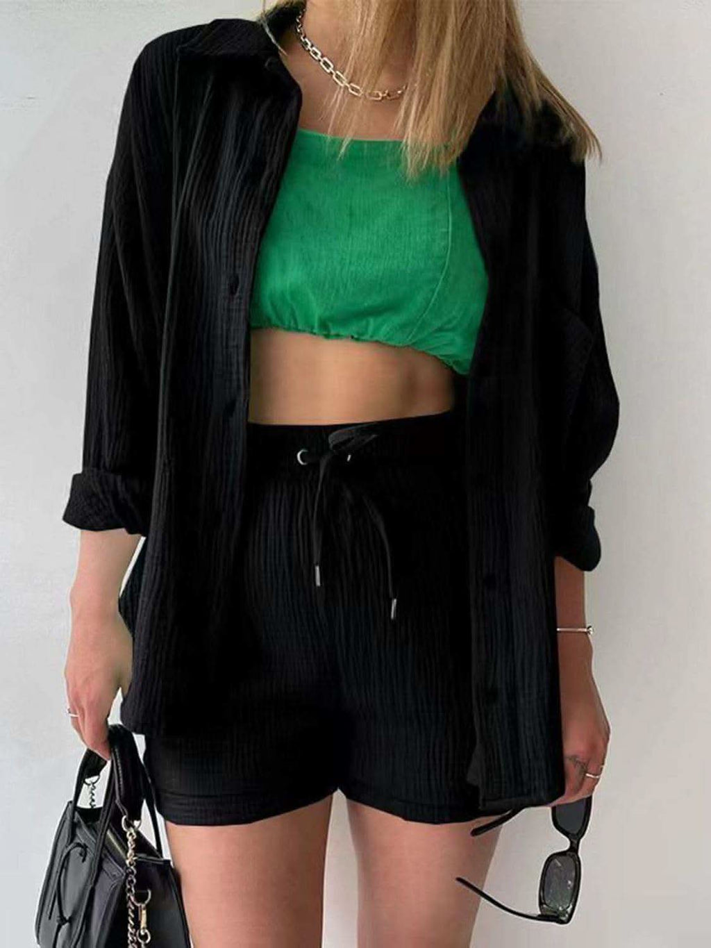 Texture Button Up Shirt and Drawstring Shorts Set in - photo