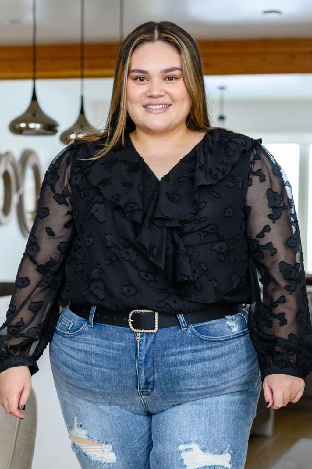 Think Of Me Ruffle Long Sleeve Bodysuit in Black in - Shirts & Tops photo