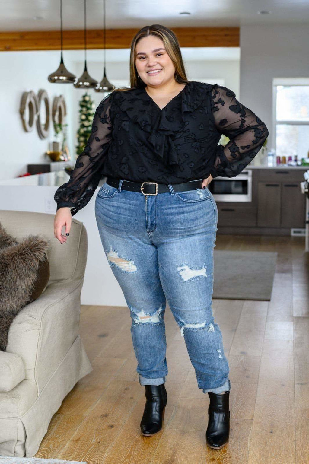 Think Of Me Ruffle Long Sleeve Bodysuit in Black in - Shirts & Tops photo