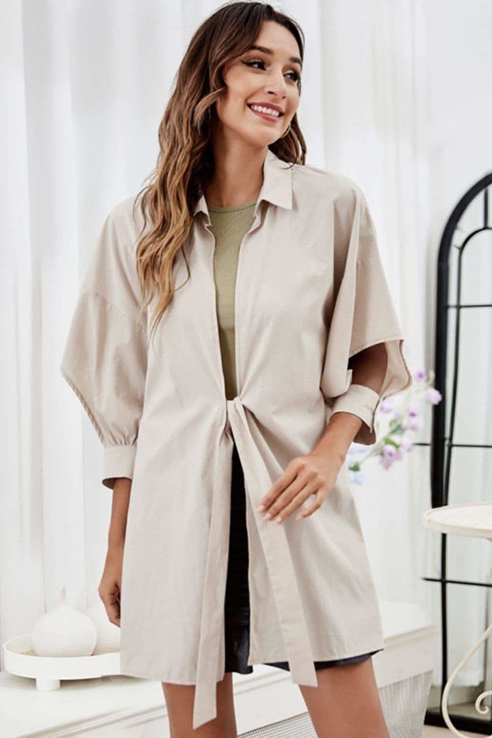 Tie Front Collared Neck Cutout Shacket - SwagglyLife Home & Fashion Tie Front Collared Neck Cutout Shacket - SwagglyLife Home & Fashion