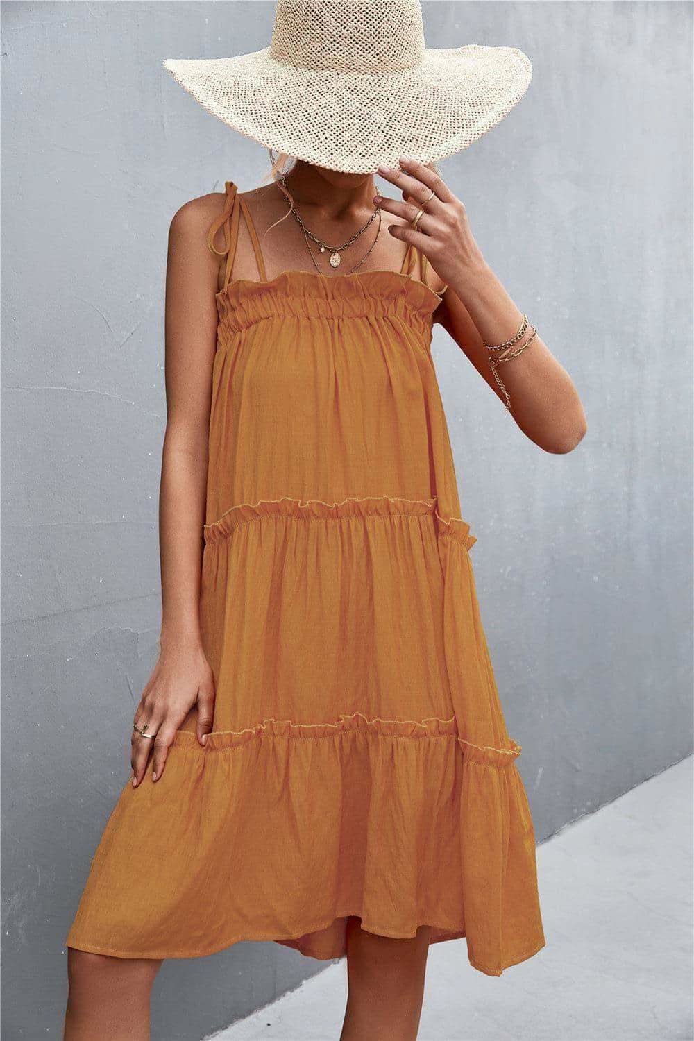 Tie-Shoulder Frill Trim Sleeveless Dress in Caramel - Dresses photo