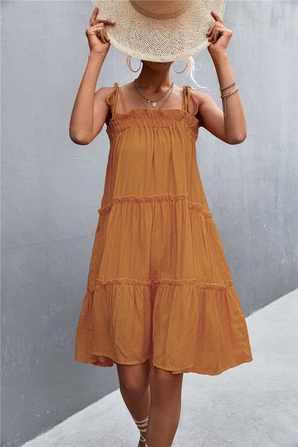 Tie-Shoulder Frill Trim Sleeveless Dress in - Dresses photo
