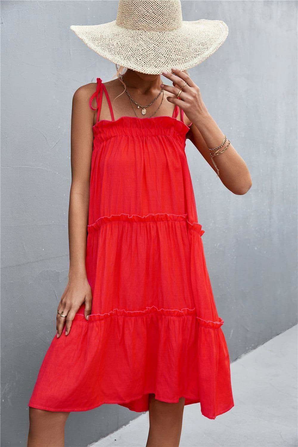 Tie-Shoulder Frill Trim Sleeveless Dress in Scarlett - Dresses photo