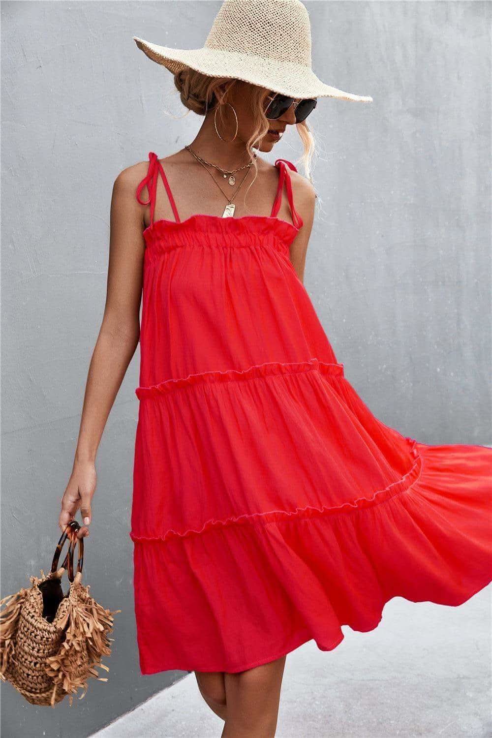 Tie-Shoulder Frill Trim Sleeveless Dress in - Dresses photo