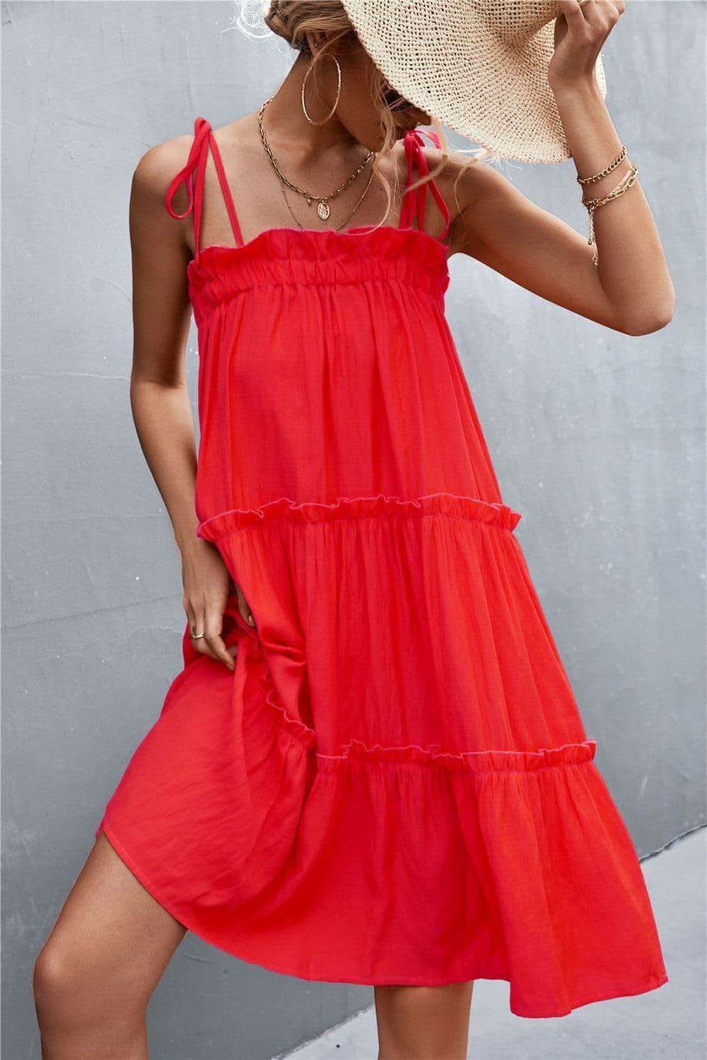 Tie-Shoulder Frill Trim Sleeveless Dress in - Dresses photo