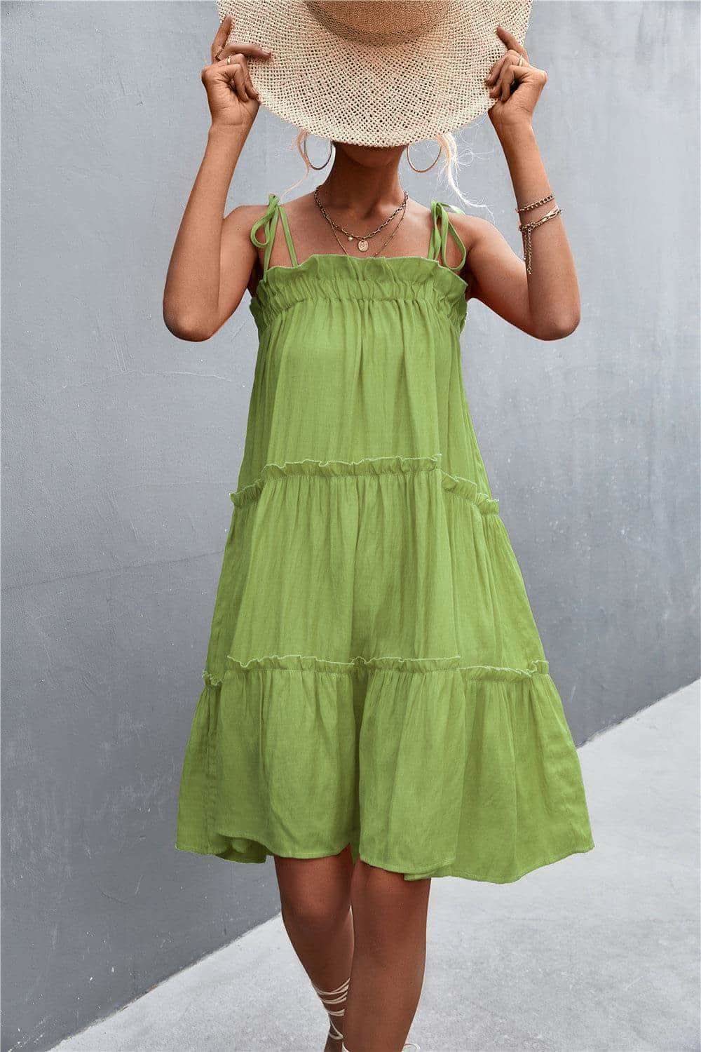 Tie-Shoulder Frill Trim Sleeveless Dress in - Dresses photo
