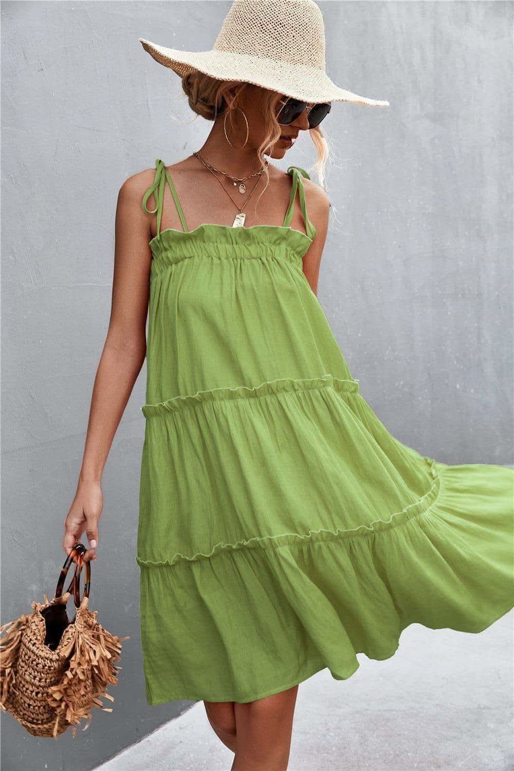 Tie-Shoulder Frill Trim Sleeveless Dress in - Dresses photo