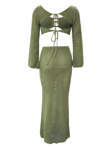 Tied Long Sleeve Top and Skirt Cover Up Set - SwagglyLife Home & Fashion Tied Long Sleeve Top and Skirt Cover Up Set - SwagglyLife Home & Fashion