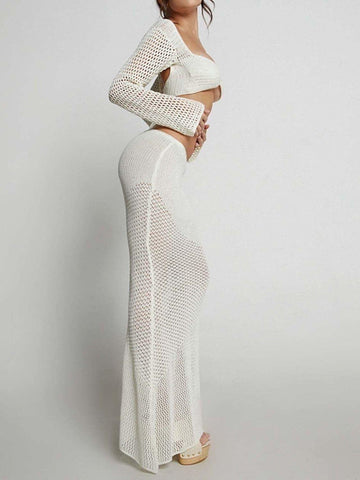 Tied Long Sleeve Top and Skirt Cover Up Set - SwagglyLife Home & Fashion Tied Long Sleeve Top and Skirt Cover Up Set - SwagglyLife Home & Fashion