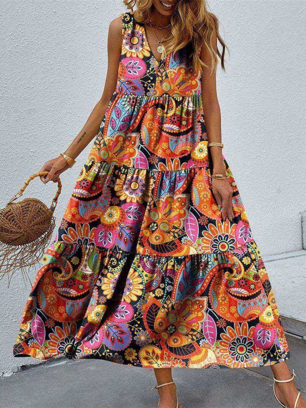 Tiered Printed V-Neck Sleeveless Dress in Multicolor - photo
