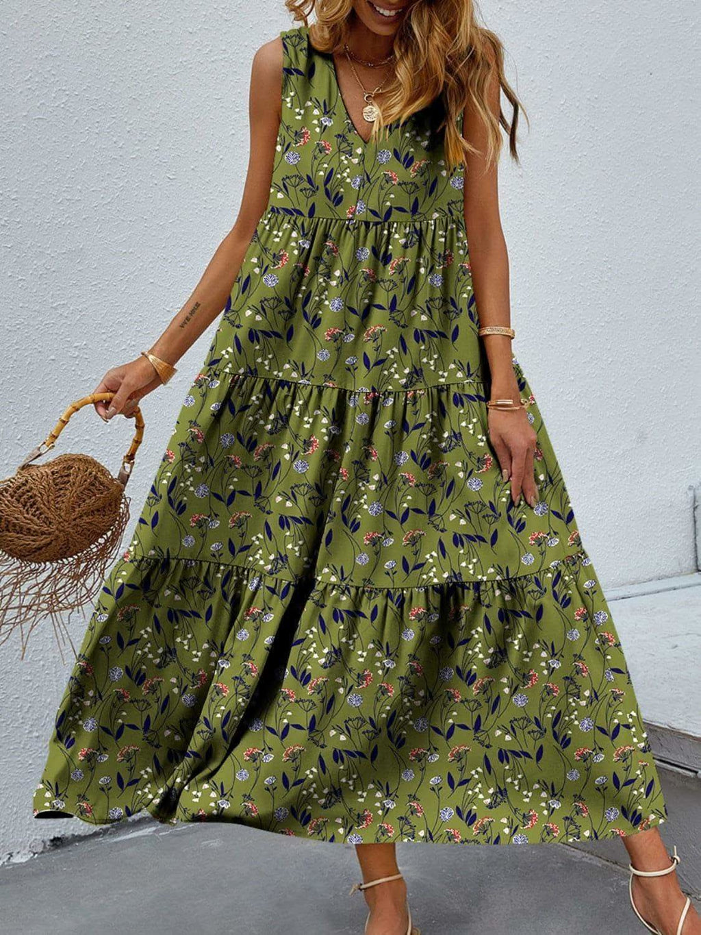 Tiered Printed V-Neck Sleeveless Dress in Moss - photo