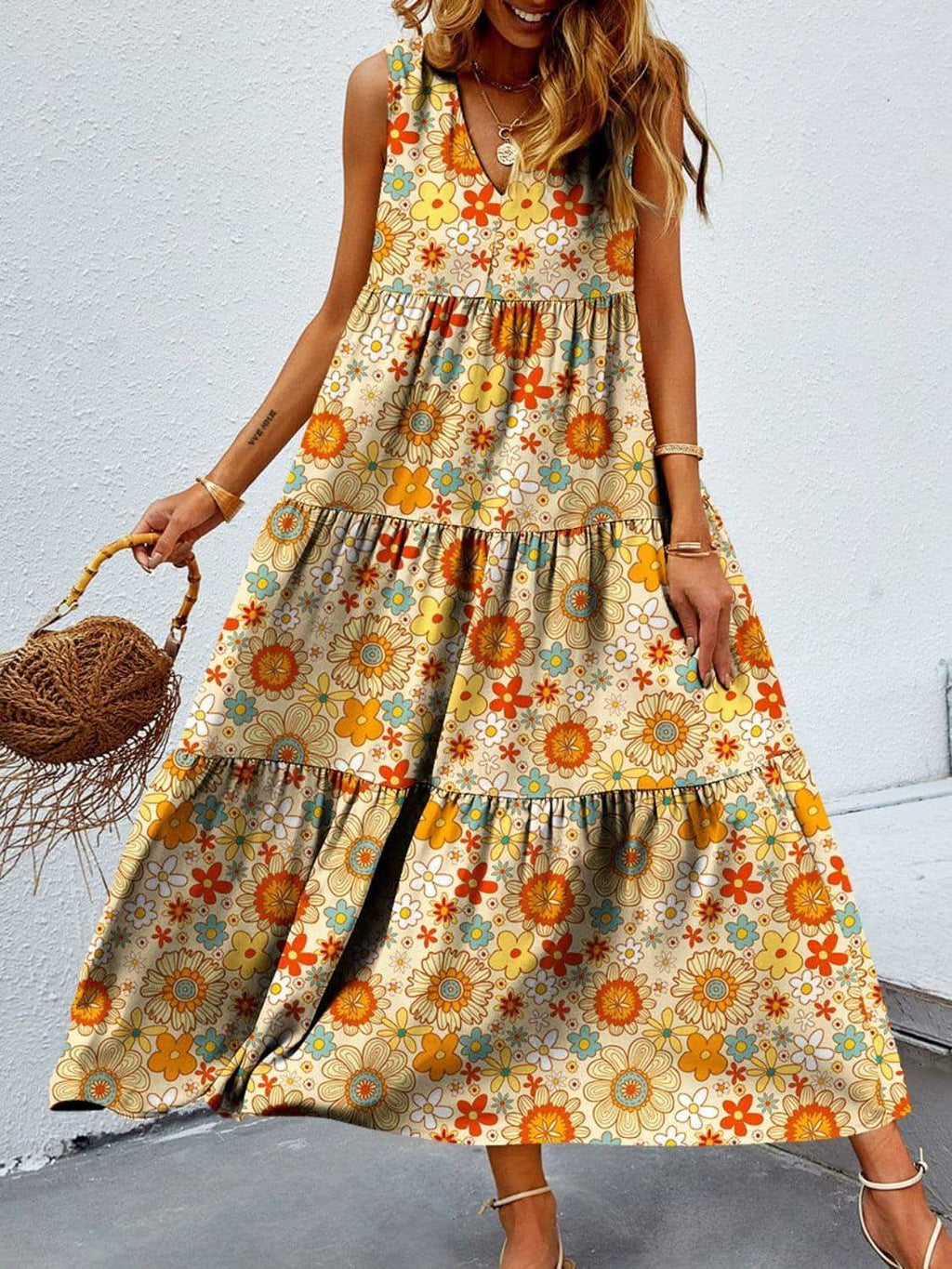 Tiered Printed V-Neck Sleeveless Dress in Pastel Yellow - photo