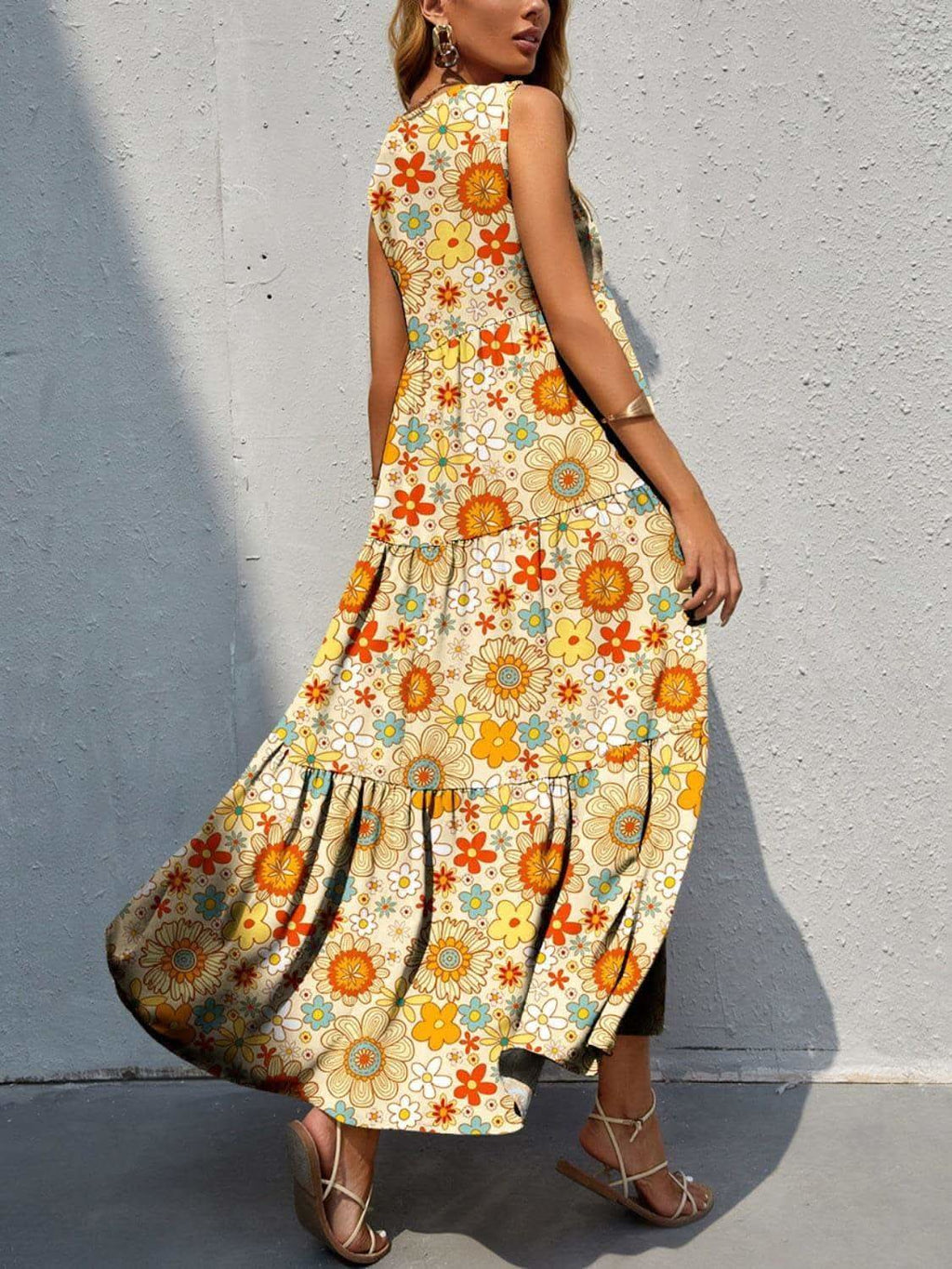 Tiered Printed V-Neck Sleeveless Dress in - photo