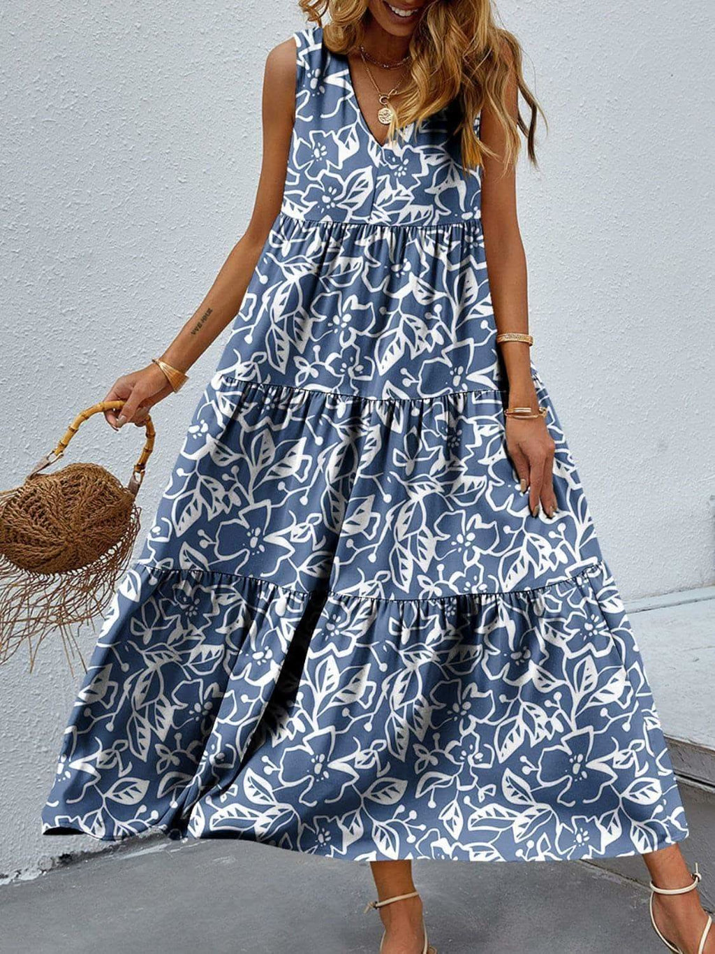 Tiered Printed V-Neck Sleeveless Dress in Dusty Blue - photo